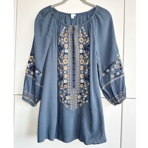 J. Jill Embroidered Blouse Blue Brown Small Petite Bohemian Hippie Fall